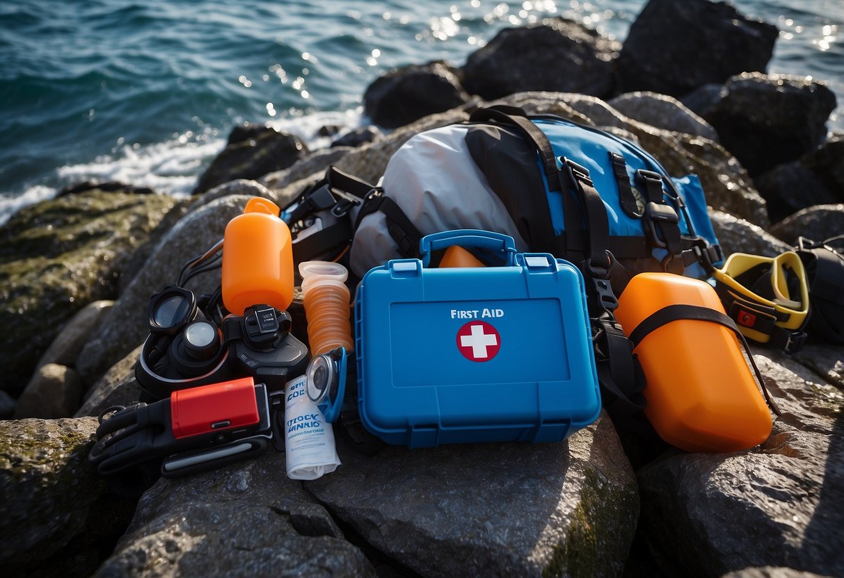 A bright blue waterproof first aid kit sits on a rocky ocean shore, surrounded by diving gear and equipment. The sun shines down on the scene, highlighting the kit's durable and lightweight design