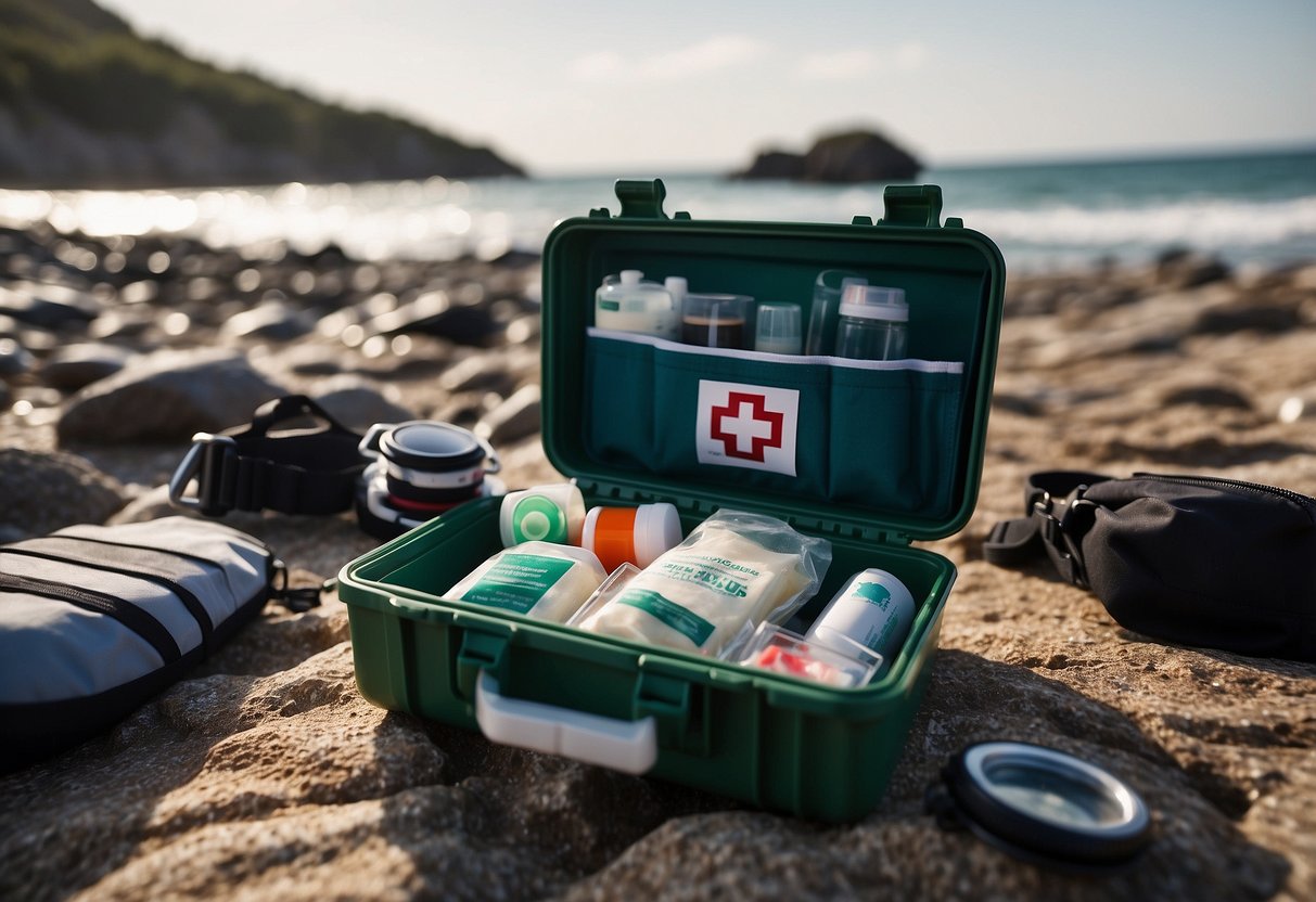 A compact first aid kit lying open on a rocky beach, with diving gear scattered around it. Waves crash in the background