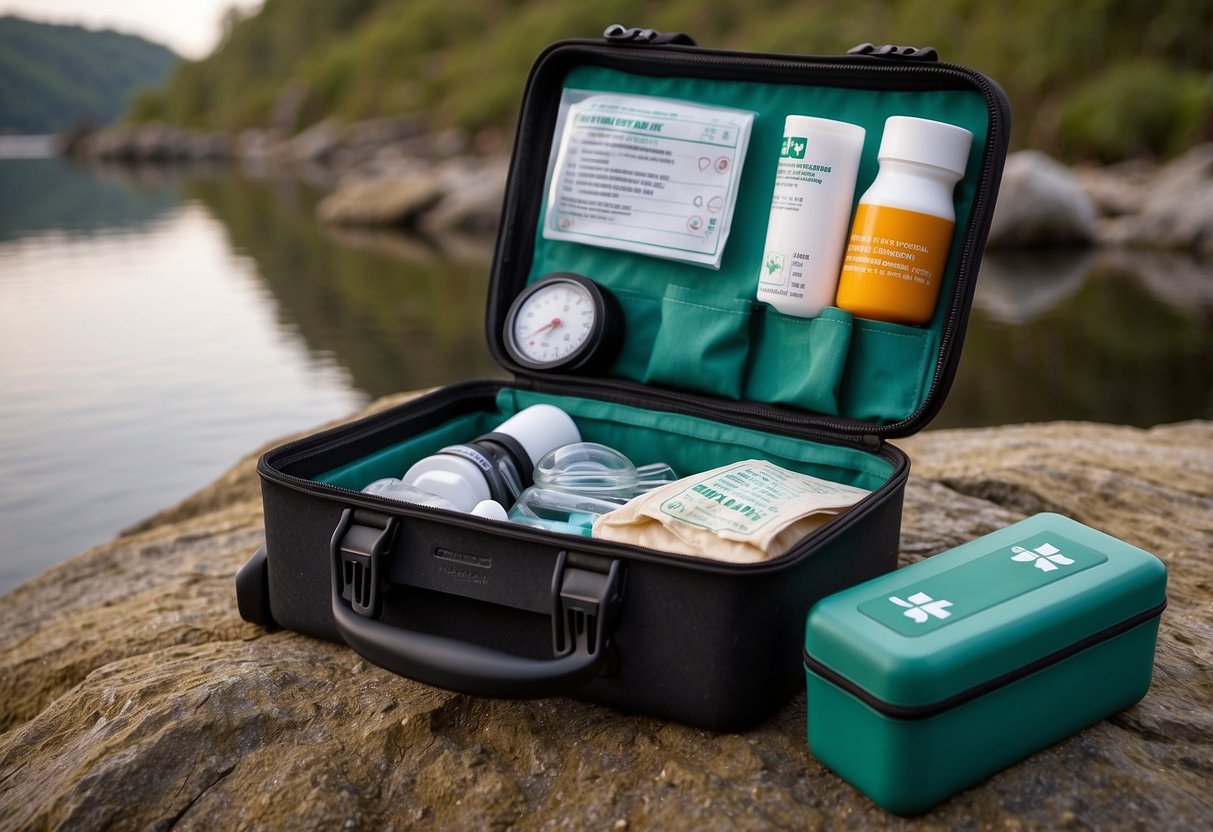 A compact first aid kit with waterproof packaging and essential supplies for diving emergencies