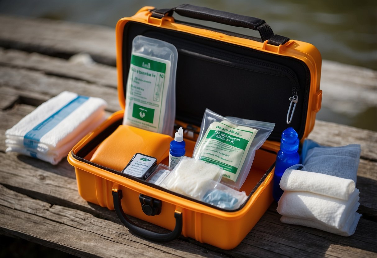 A diving first aid kit includes bandages, antiseptic wipes, scissors, and a CPR mask. It also contains a waterproof case and is compact for easy transport