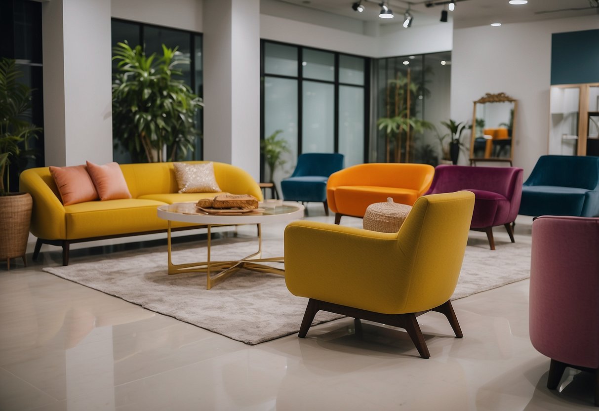 A spacious showroom displays modern Pomelo furniture, with sleek lines and vibrant colors, arranged in stylish room settings