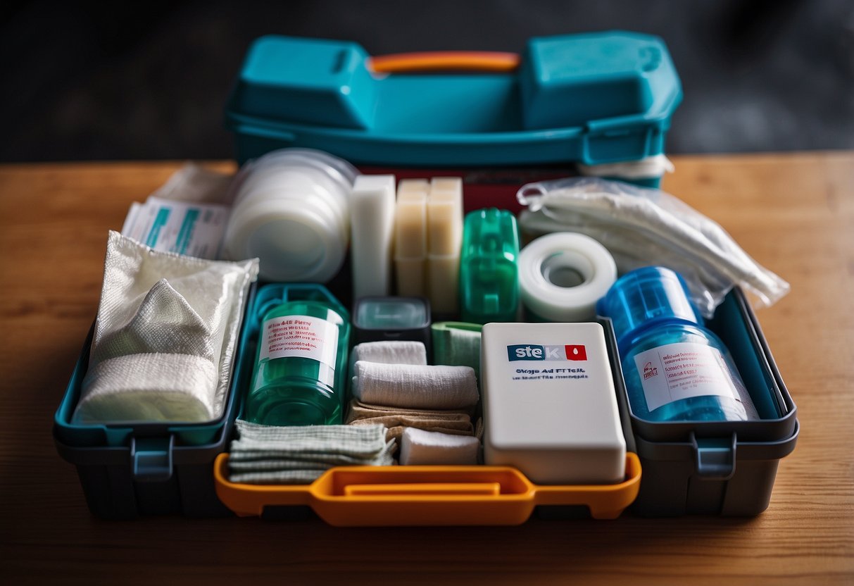 A neatly organized first aid kit with various supplies, including bandages, antiseptic wipes, and medical tape. The kit is lightweight and designed for diving use