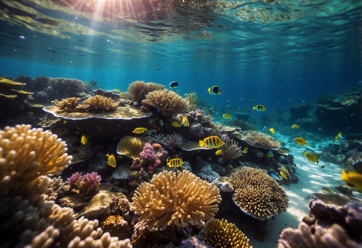 Vibrant coral reefs teeming with colorful fish and marine life, surrounded by crystal clear waters and bathed in warm sunlight