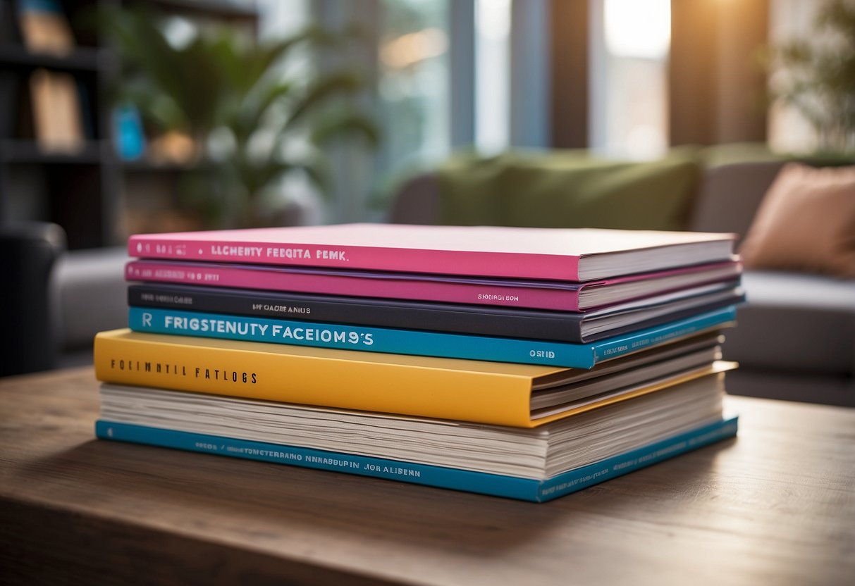 A stack of colorful furniture catalogs with "Frequently Asked Questions" written on the cover, set against a backdrop of modern interior design elements