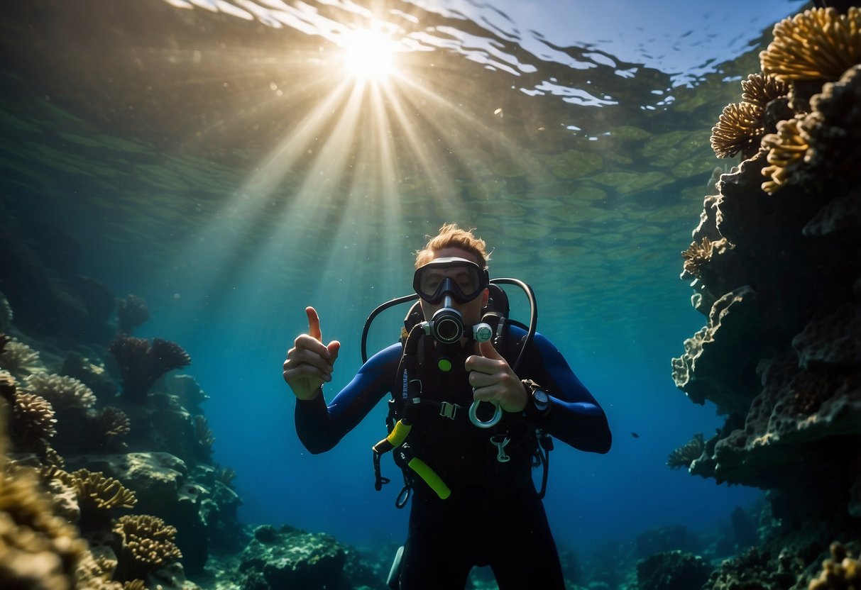 A diver holds a compass and map underwater, checking their position and direction. Sunlight filters through the clear blue water, illuminating the coral reef below