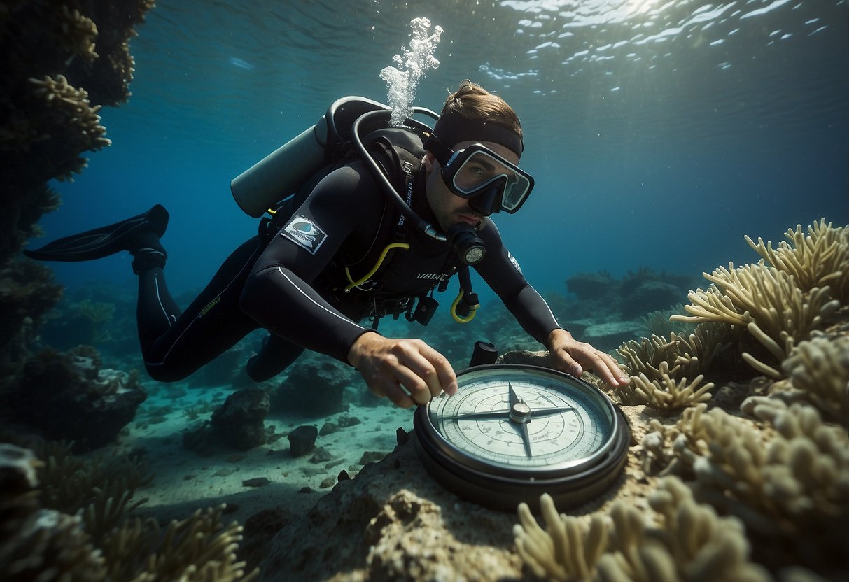 A diver uses a map and compass to navigate around underwater landmarks. The diver carefully observes the surroundings, referencing the map and compass for direction