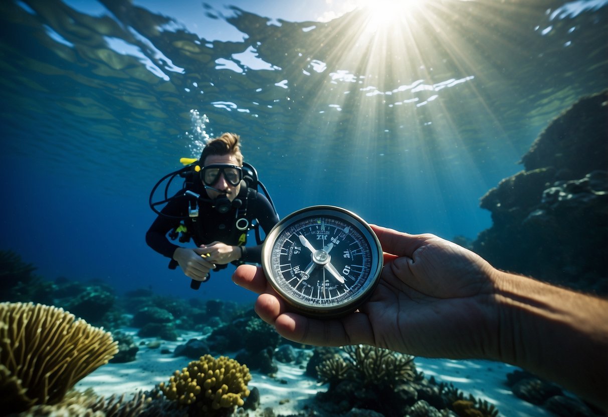 A diver holds a compass and map underwater, checking their position and orientation. Sunlight filters through the clear blue water, illuminating the coral and fish below