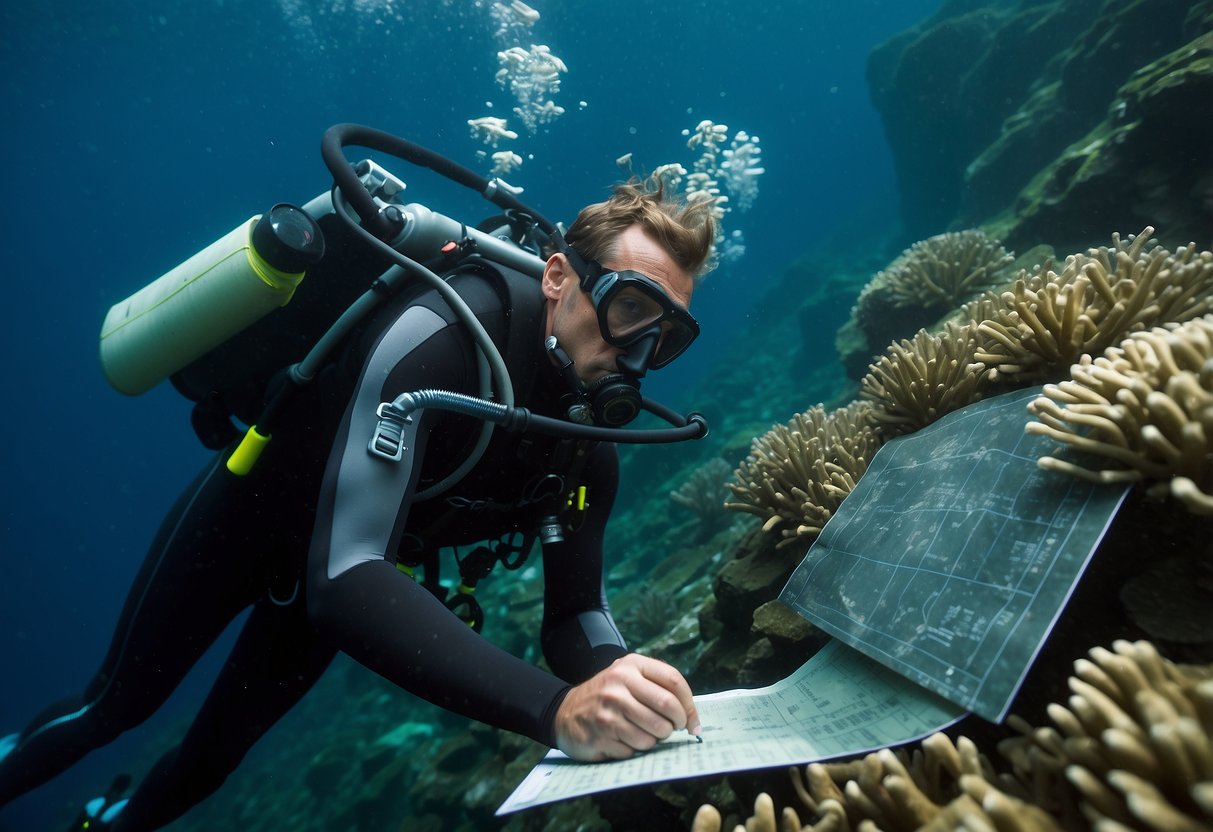 A diver uses a slate to take notes underwater, while navigating with a map and compass