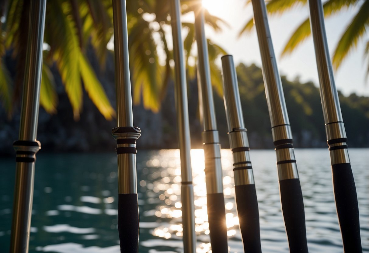 Five sleek diving rods arranged in a row, each one lightweight and ready for action. The sun shines down on the shimmering water, creating a perfect backdrop for a day of diving adventures