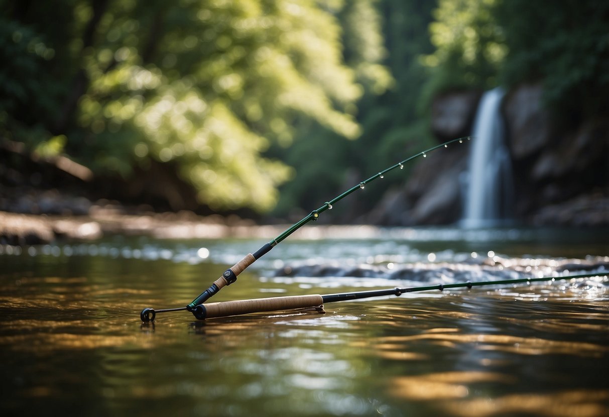 A serene river flows through a lush forest, with the Temple Fork Outfitters BVK Series 5 lightweight fishing rods casting their lines into the sparkling water