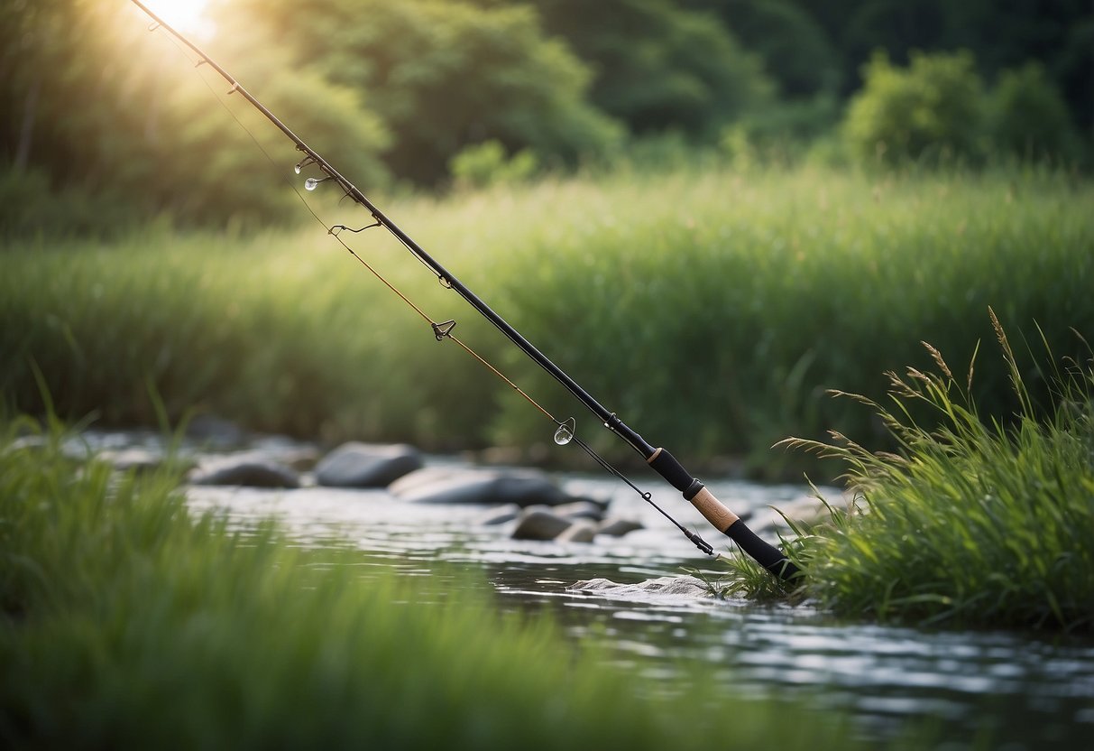 A serene riverbank with a sleek, modern fishing rod resting on the grass, surrounded by lush greenery and the gentle flow of water