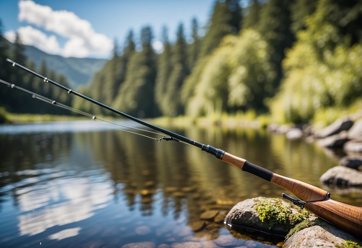 A serene riverbank with a Redington Classic Trout 5 lightweight fishing rod casting into the water, surrounded by lush greenery and a clear blue sky