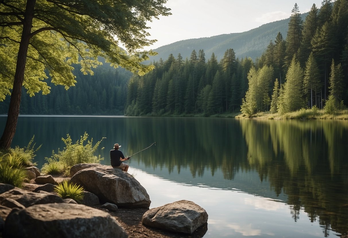 A calm lake surrounded by lush green trees, with a fishing rod leaning against a rock, ready for action