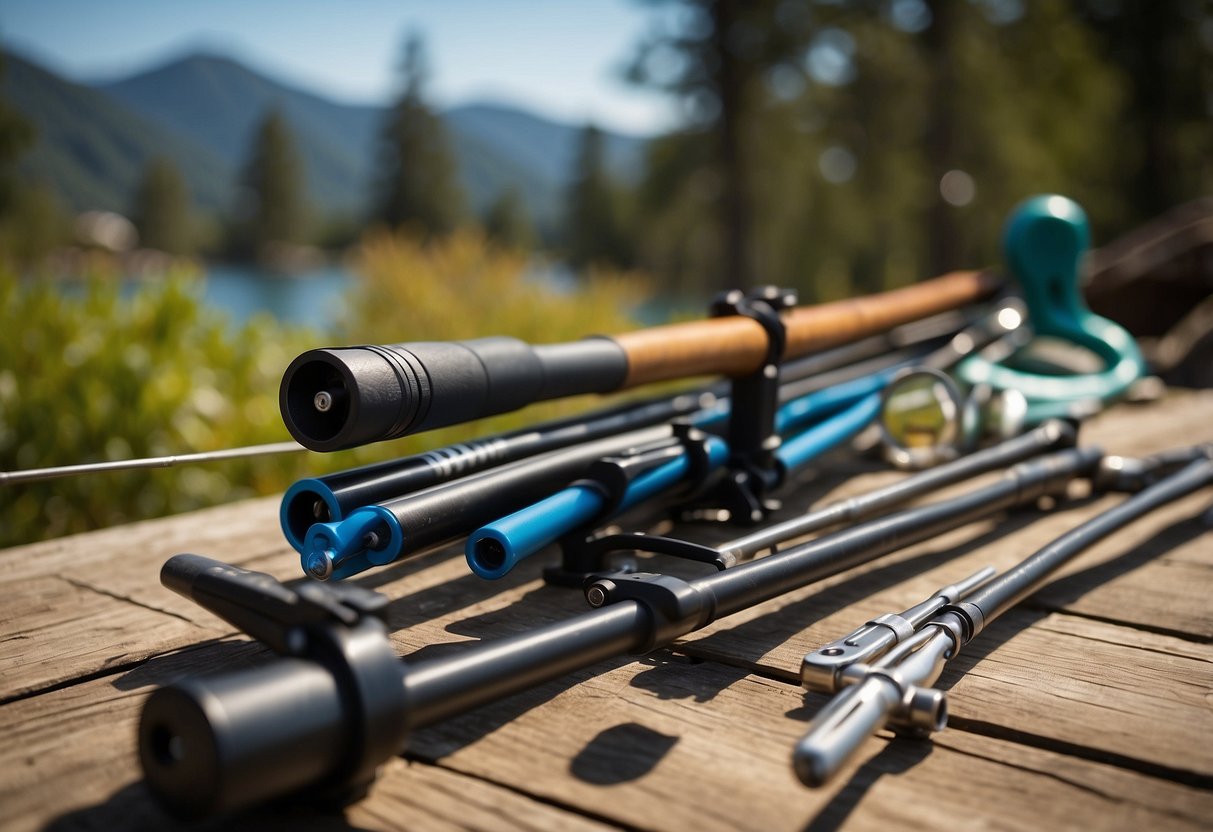 The scene depicts five lightweight diving rods arranged neatly with maintenance tools nearby