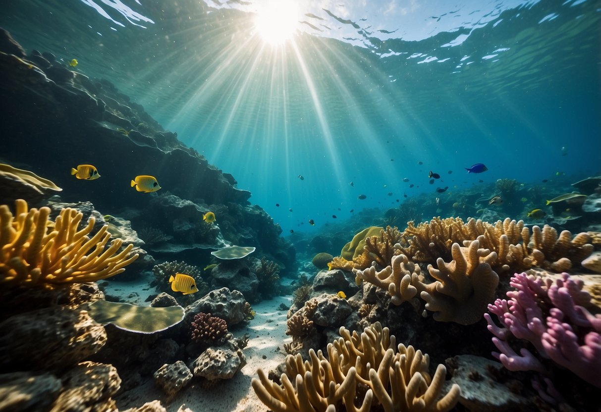 Crystal clear water reveals colorful coral reefs and exotic marine life. Sunlight filters through the depths, illuminating the diverse underwater landscape