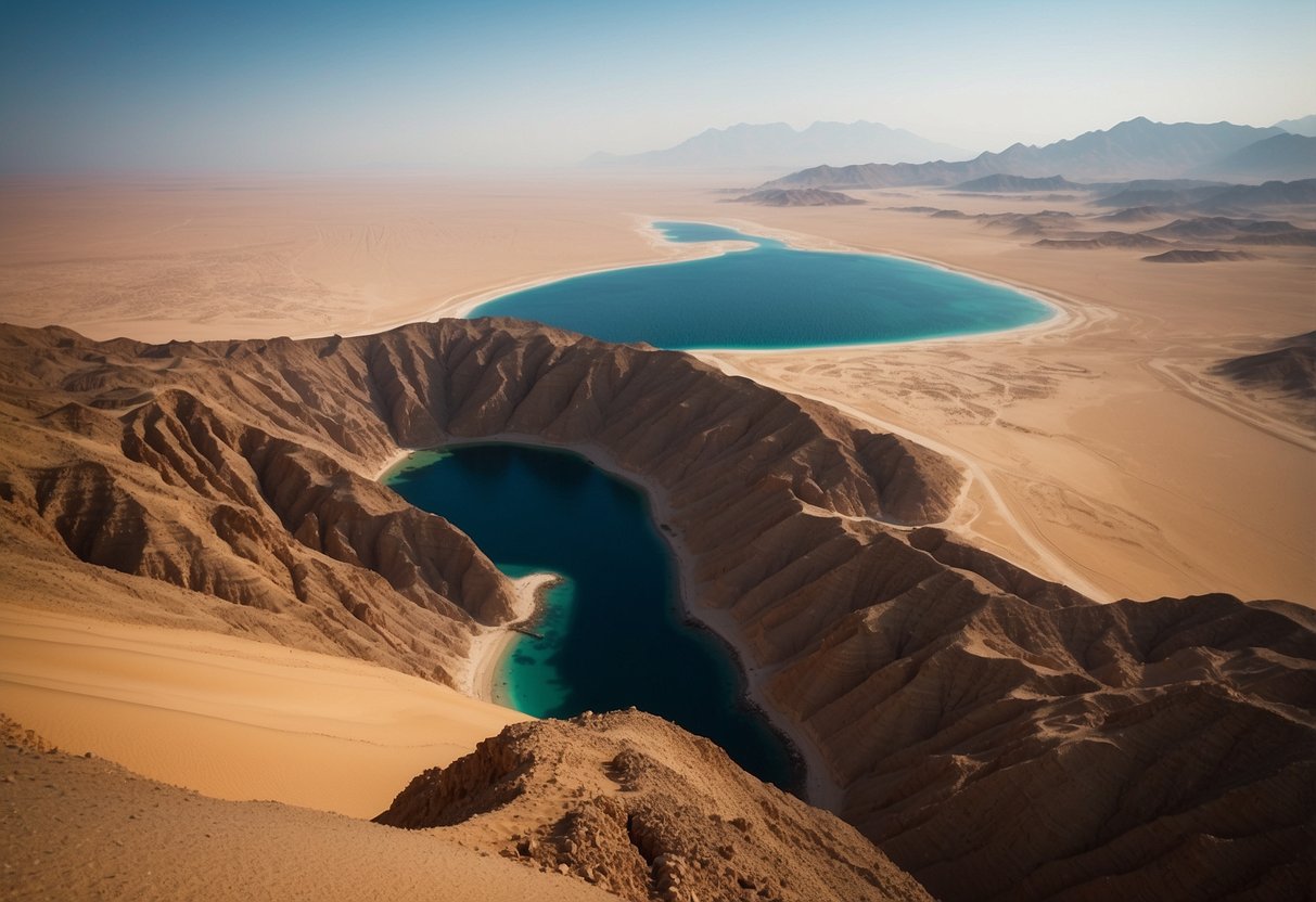 A vast desert landscape with a deep, red sea. The Devil's Throat, Egypt, offers one of the best scuba diving routes