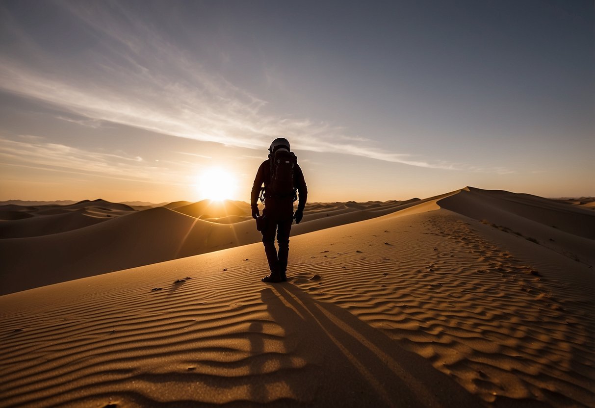 The sun sets over the vast desert landscape, casting long shadows over the rolling sand dunes. In the distance, the silhouette of a diver prepares to explore the underwater world of Hidden Valley