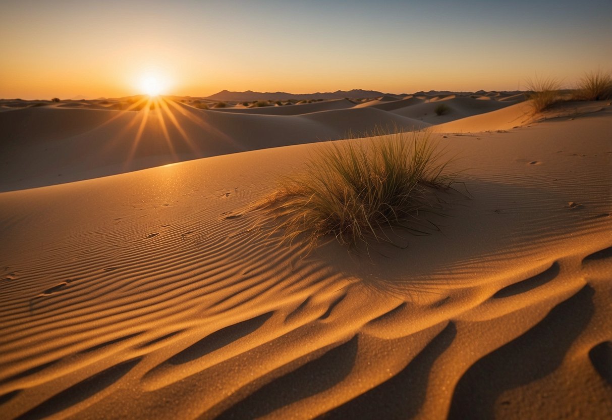 The sun sets over Sand Island, casting a golden glow on the vast desert landscape. The dunes stretch out in all directions, creating a mesmerizing and otherworldly scene for scuba divers to explore