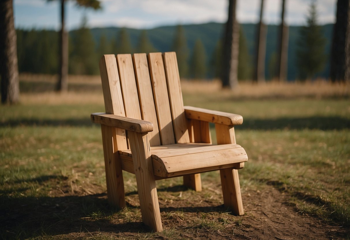 A pine wood chair sits outside, weathered but sturdy. Its smooth surface shows years of use, a testament to the durability of pine wood furniture