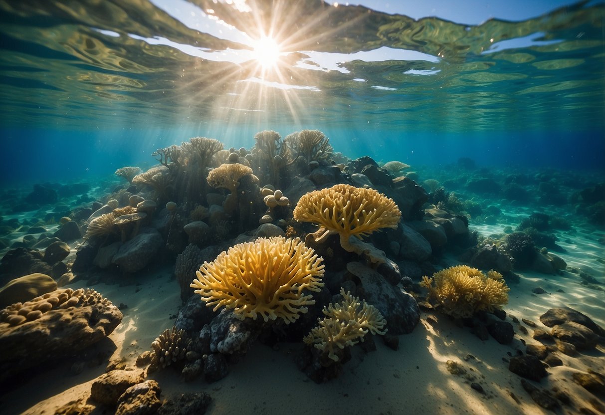 Vibrant coral formations in Sudan's desert waters, teeming with marine life. Sunlight filters through the clear blue sea, illuminating the underwater paradise