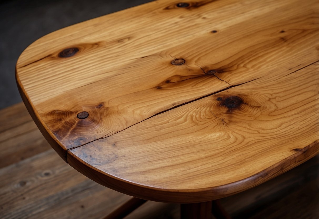A sturdy pine wood table withstands heavy use, showing durability. Grain pattern and natural knots add character