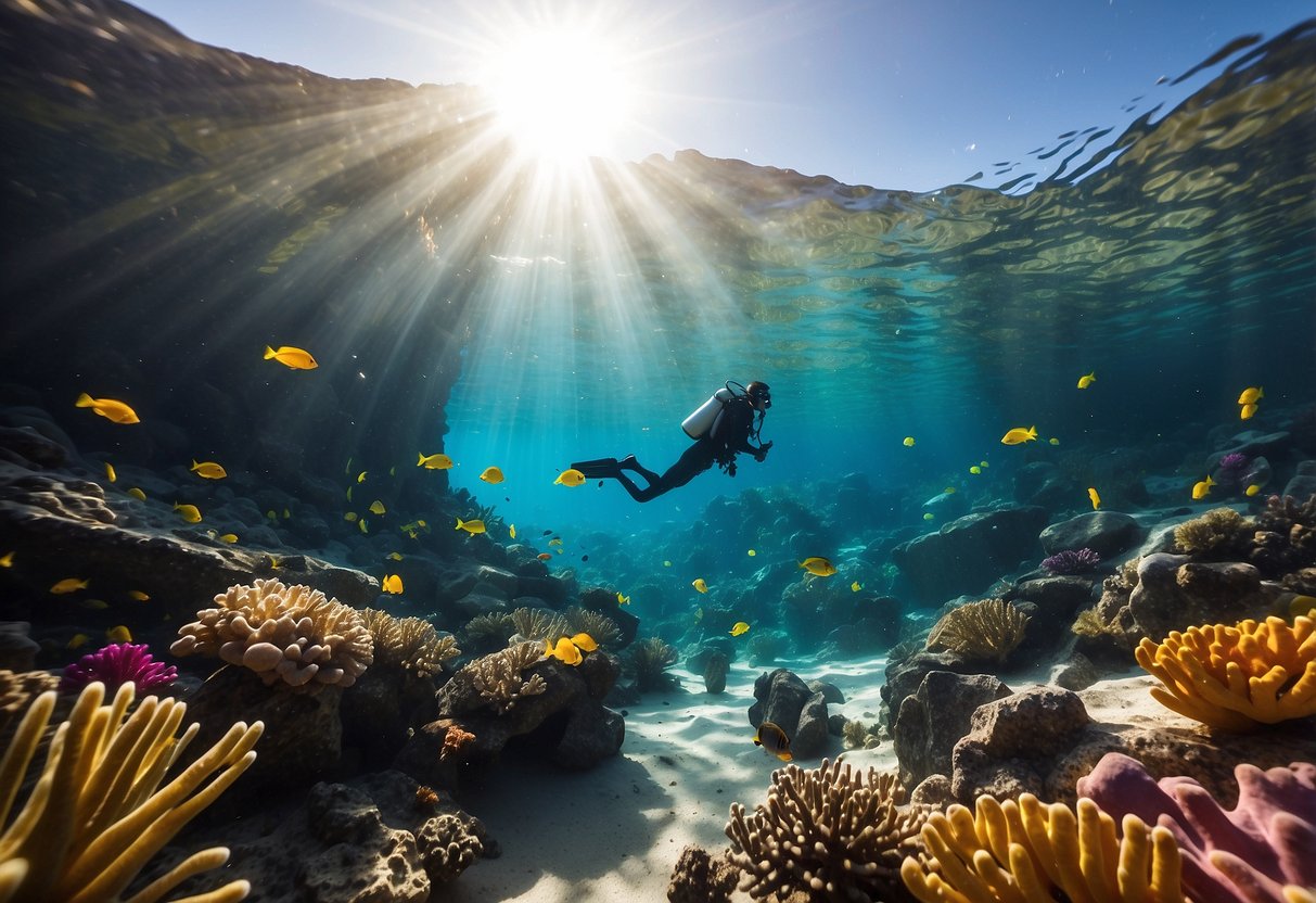 A scuba diver explores a vibrant desert underwater landscape, filled with colorful coral, exotic fish, and unique rock formations. Sunlight filters through the clear water, creating a mesmerizing display of light and shadows