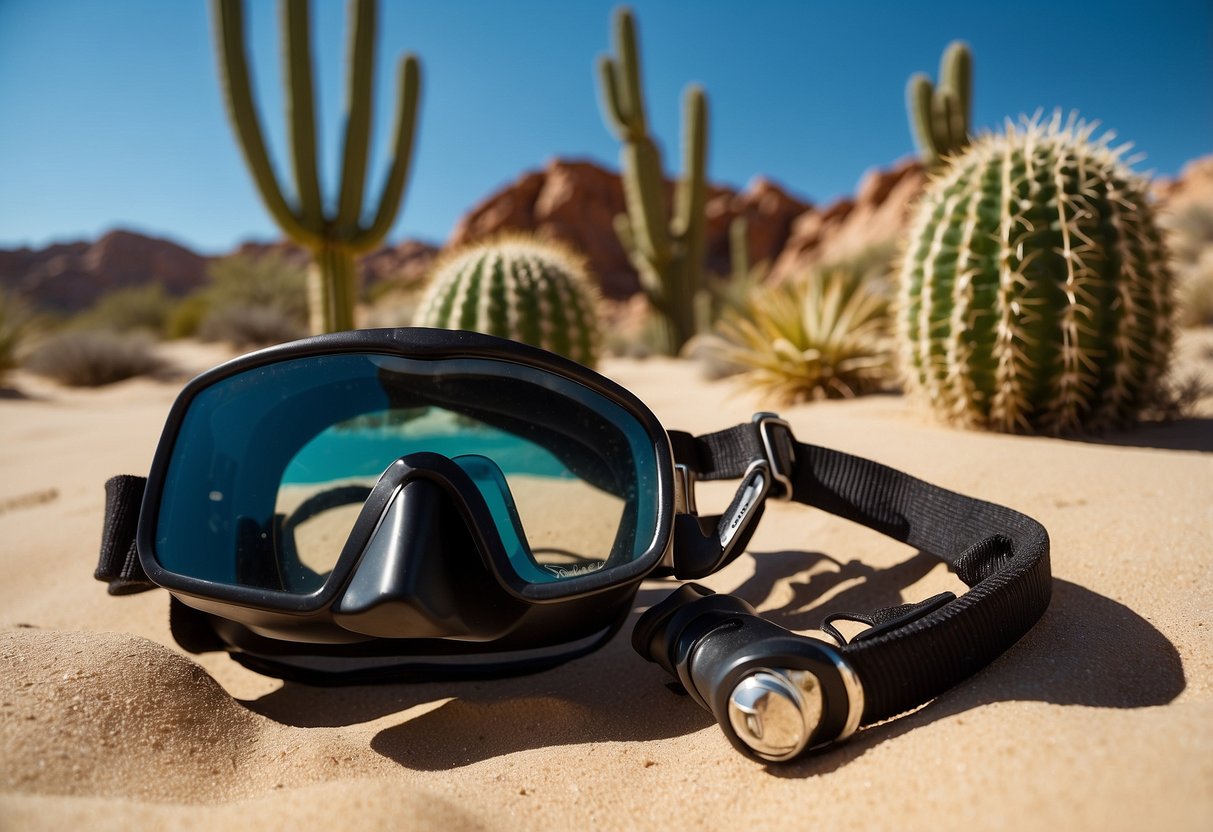 A scuba diver's gear laid out on desert sand, surrounded by cacti and rock formations. A clear blue sky and the sun shining down on the scene