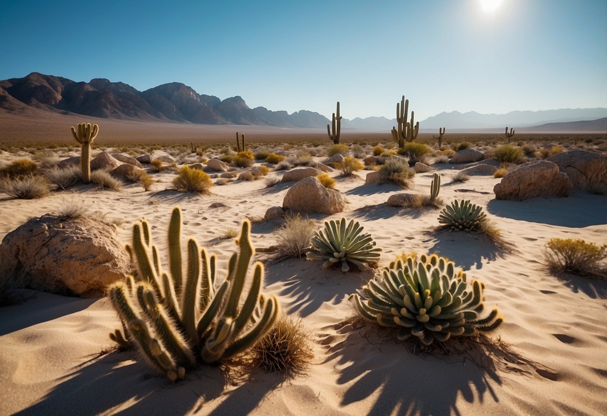 Sun-drenched desert landscape with rocky outcrops, cacti, and sand dunes surrounding crystal-clear blue water. A diverse array of marine life and vibrant coral reefs visible beneath the surface