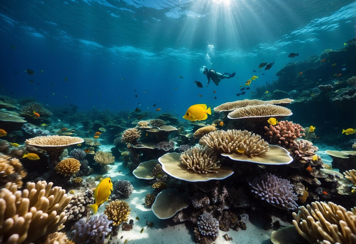 A vibrant coral reef teeming with colorful fish and marine life, surrounded by crystal clear blue waters. A diver explores the underwater world, surrounded by schools of fish and swaying sea plants. Sunlight filters through the water, creating a mesmerizing play