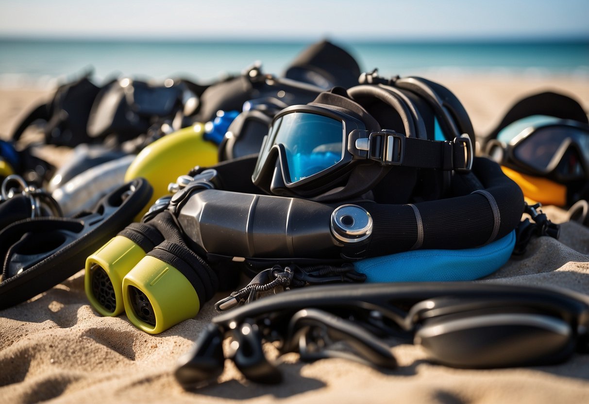 A pile of diving gear, including extra tanks, masks, fins, and snorkels, sits neatly packed on a sandy beach next to a crystal-clear ocean