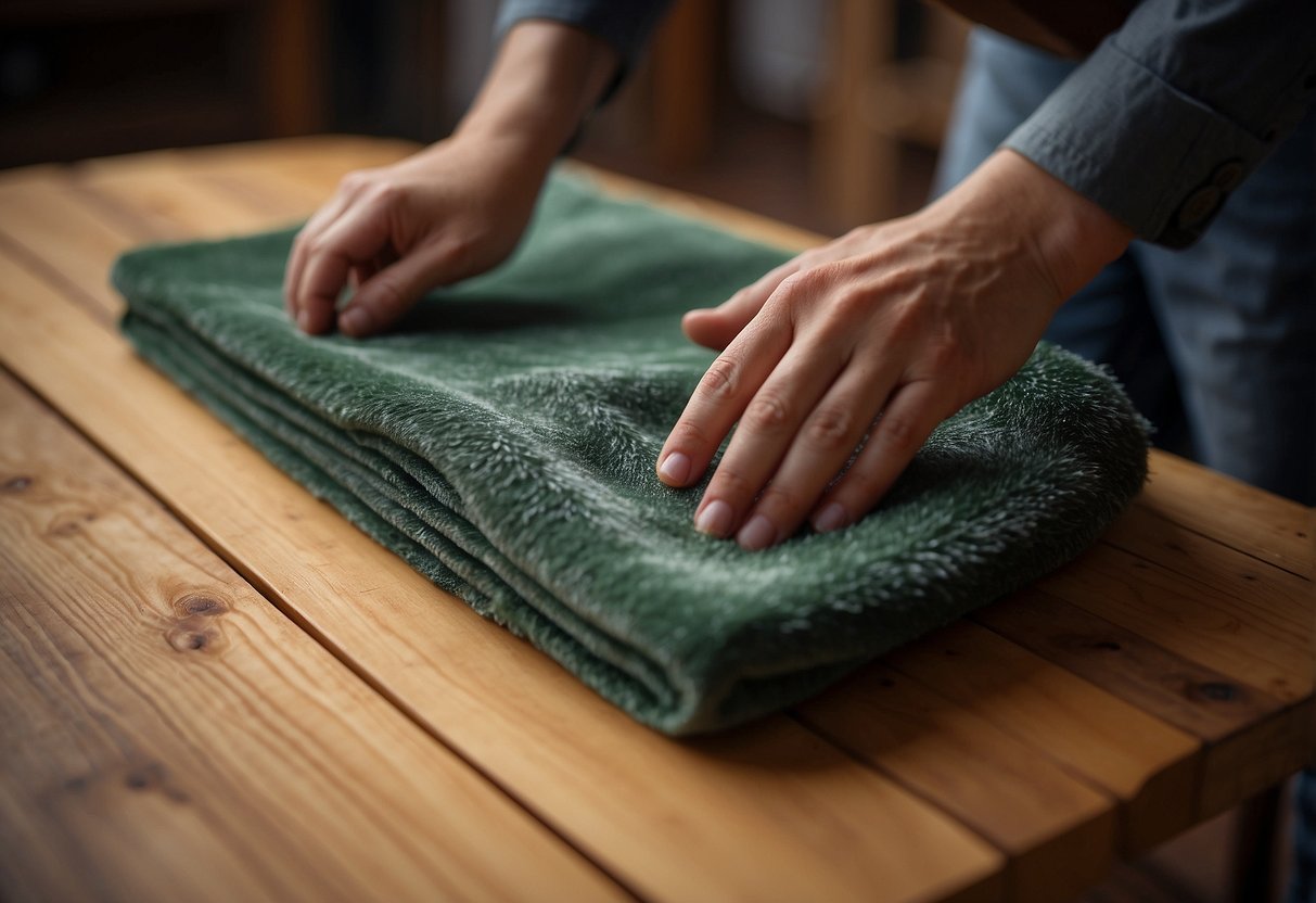 A person gently dusts and polishes a pine wood table, using a soft cloth and furniture polish to maintain its natural beauty and durability