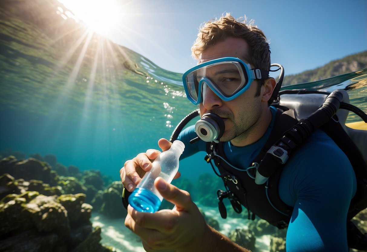 A diver surrounded by clear blue waters, sipping from a water bottle and snacking on energy bars, with diving gear nearby. Sunlight illuminates the scene