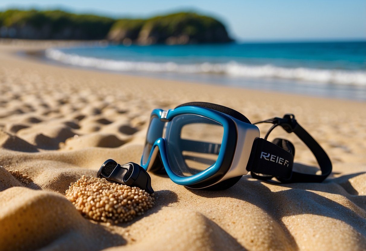 Clear skies, calm seas, and a low tide. Diving gear laid out on a sandy beach. A colorful reef visible in the distance