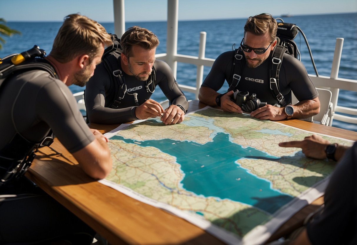 A group of divers gather around a table, reviewing dive plans. Equipment and maps are spread out as they discuss tips for a more enjoyable diving trip