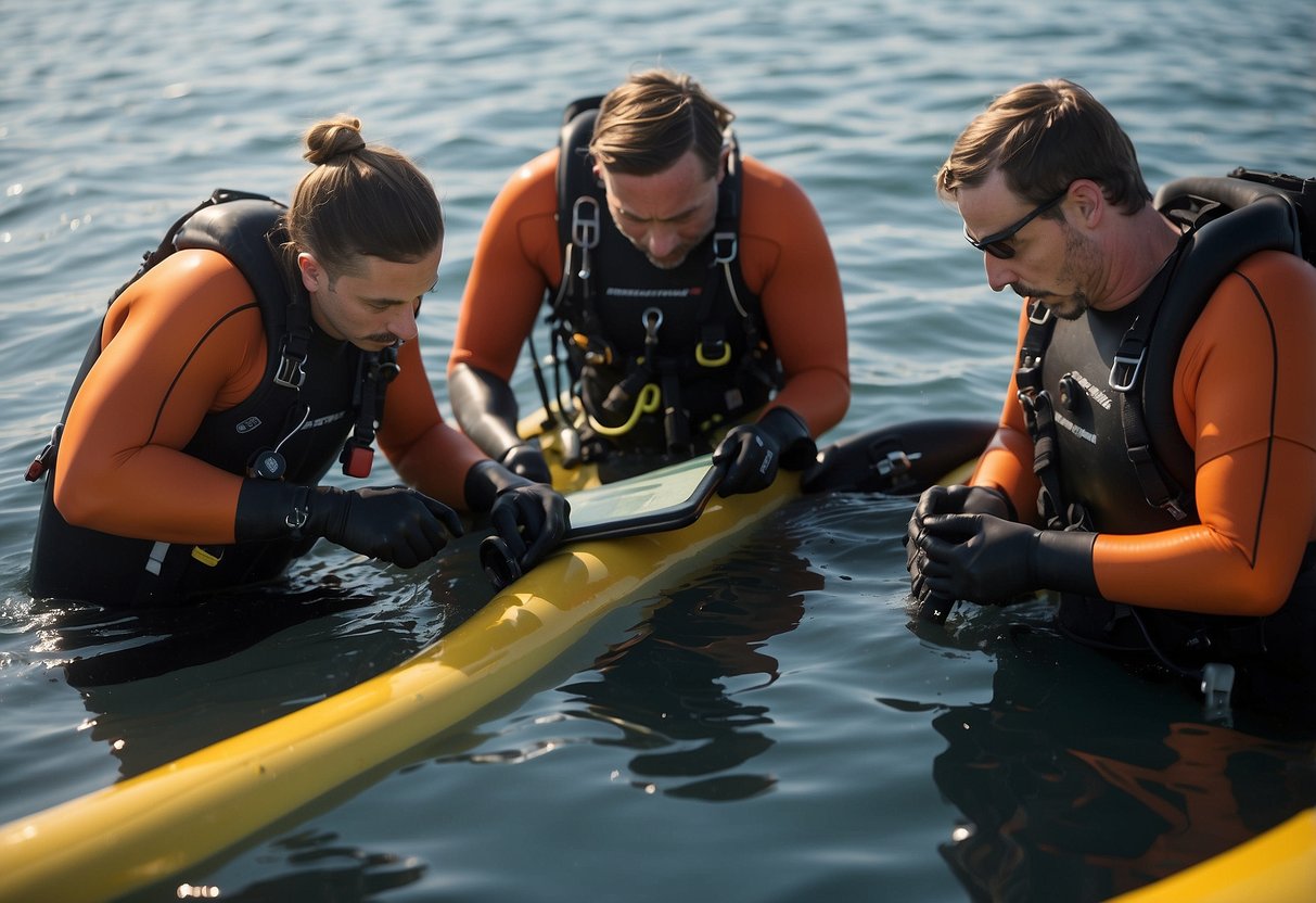 A group of divers gather around their boat, checking equipment and reviewing safety procedures before heading out to sea. Sunlight glimmers on the water as they prepare for an enjoyable diving trip