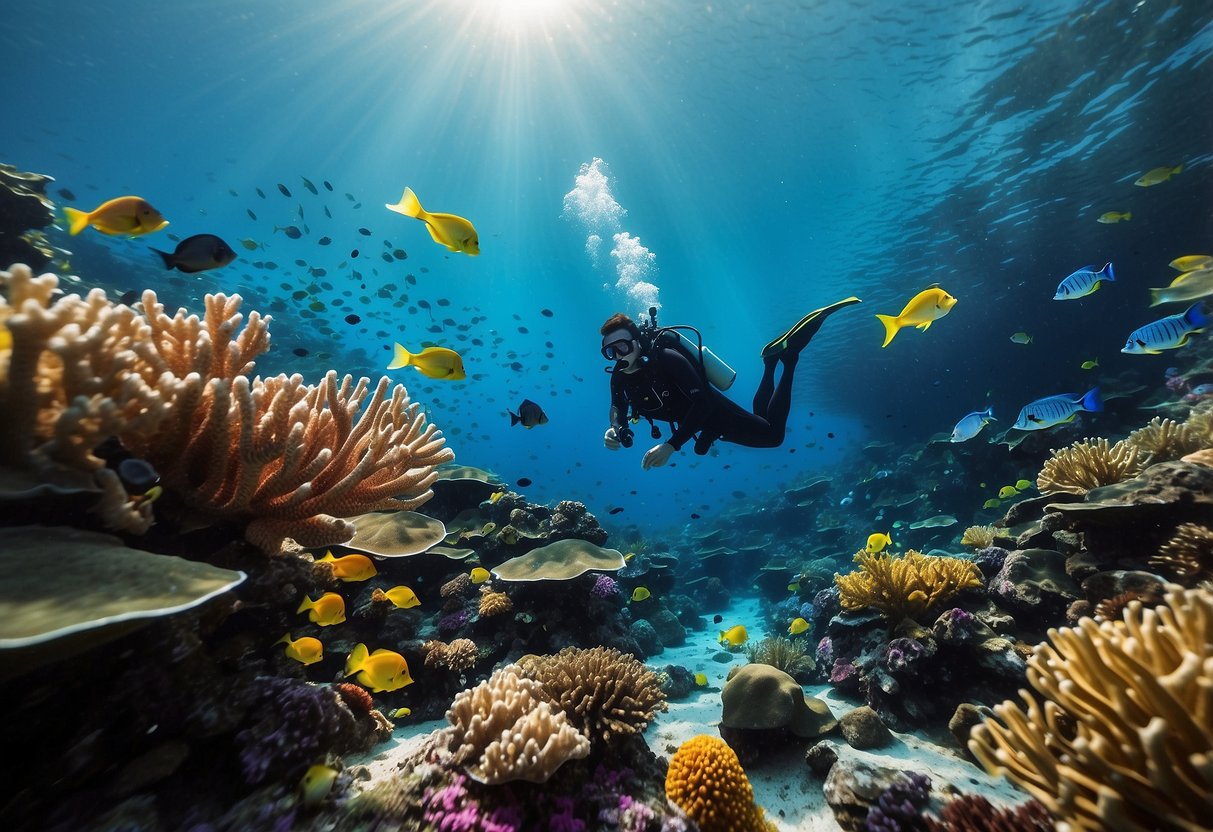 A vibrant coral reef teeming with colorful fish and swaying sea plants, with a diver capturing the scene on an underwater camera