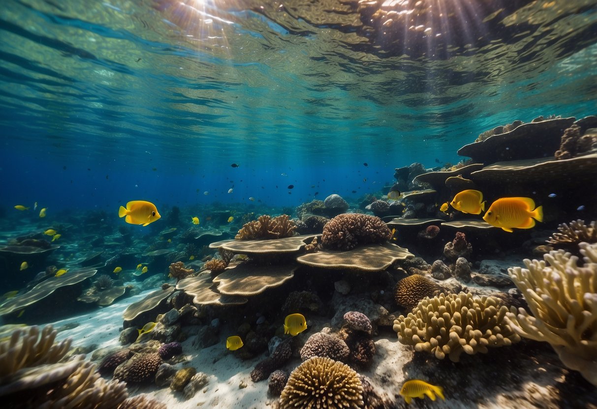 Vibrant coral reefs teeming with colorful fish and other marine creatures. Crystal clear water with sunlight streaming through, creating a mesmerizing underwater world