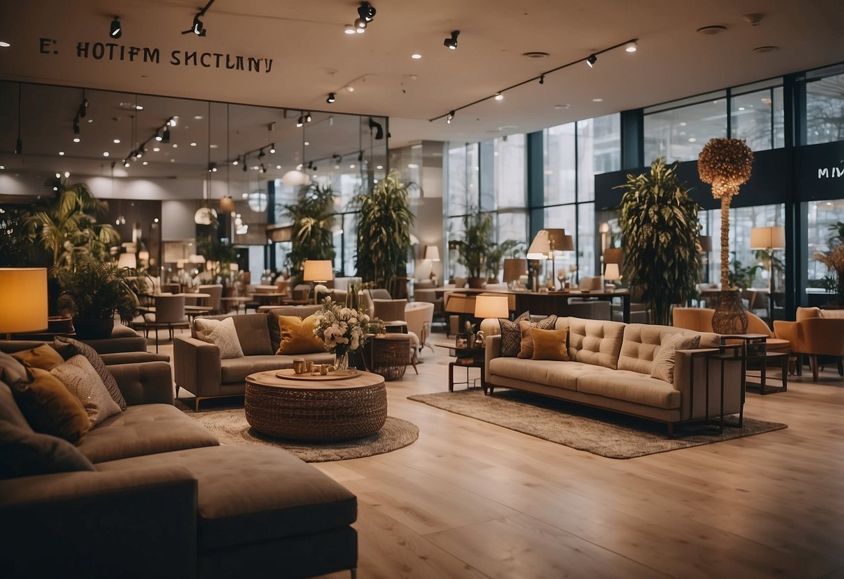 A spacious furniture shop with modern displays and cozy lighting at Midview City