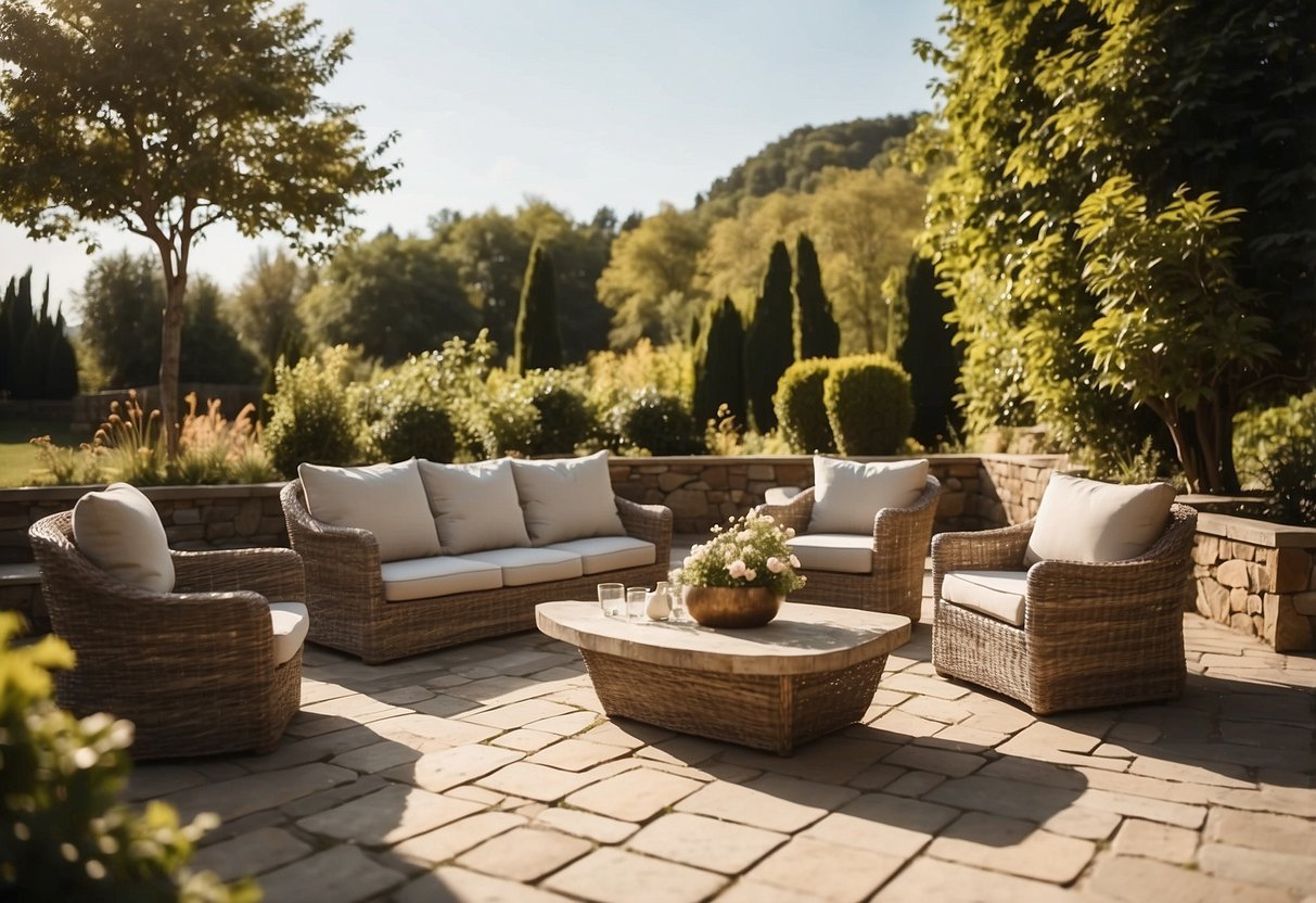 Stone outdoor furniture arranged on a patio, surrounded by greenery and bathed in warm sunlight