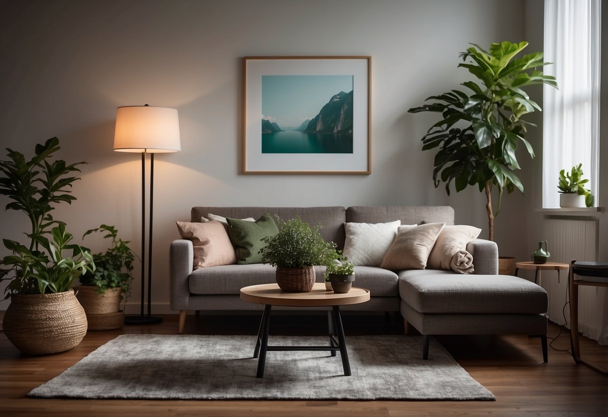 A living room with a sofa, coffee table, and plants. A lamp illuminates the space, casting soft shadows on the walls