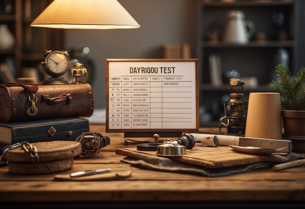 A sturdy pine wood table surrounded by various heavy objects, with a sign reading "Durability Test" and a checklist of common questions nearby