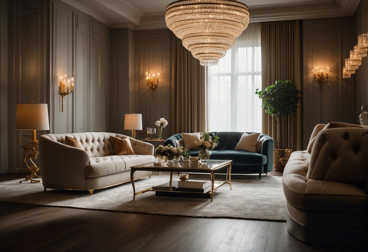 Luxurious hotel furniture arranged in a spacious, elegant room with plush sofas, ornate coffee tables, and opulent lighting fixtures