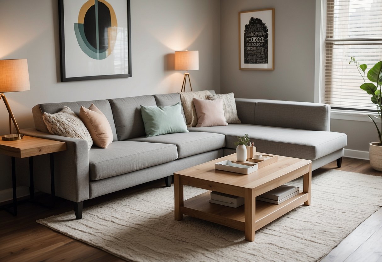 A small, cozy living room with a compact sofa, versatile coffee table, and space-saving storage solutions. A bright, neutral color scheme and strategic placement of furniture make the room feel open and inviting