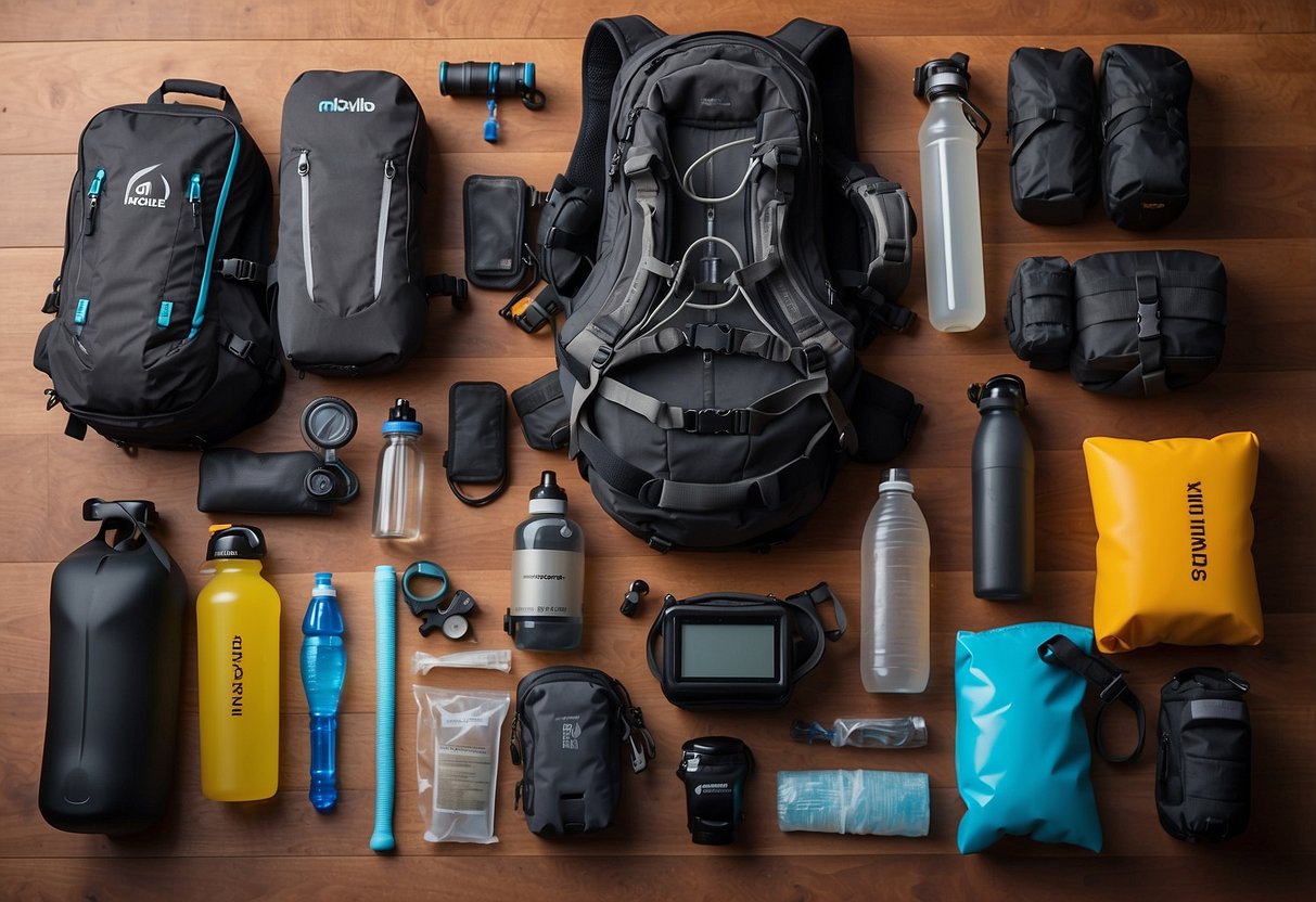 A diver's gear laid out with 5 hydration systems: hydration packs, water bottles, and insulated pouches. Each item is labeled with its brand and features