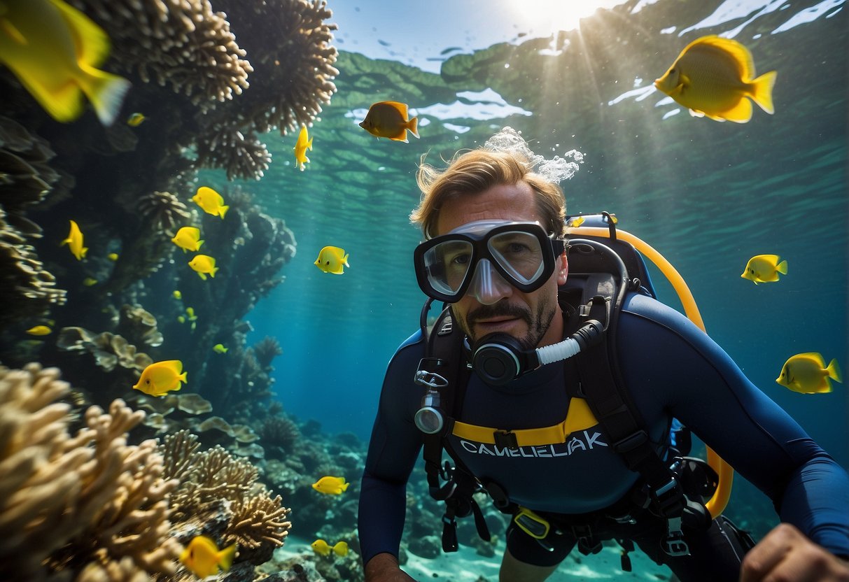 A scuba diver wearing a CamelBak HydroBak 5, surrounded by colorful coral and marine life, with crystal clear water in the background