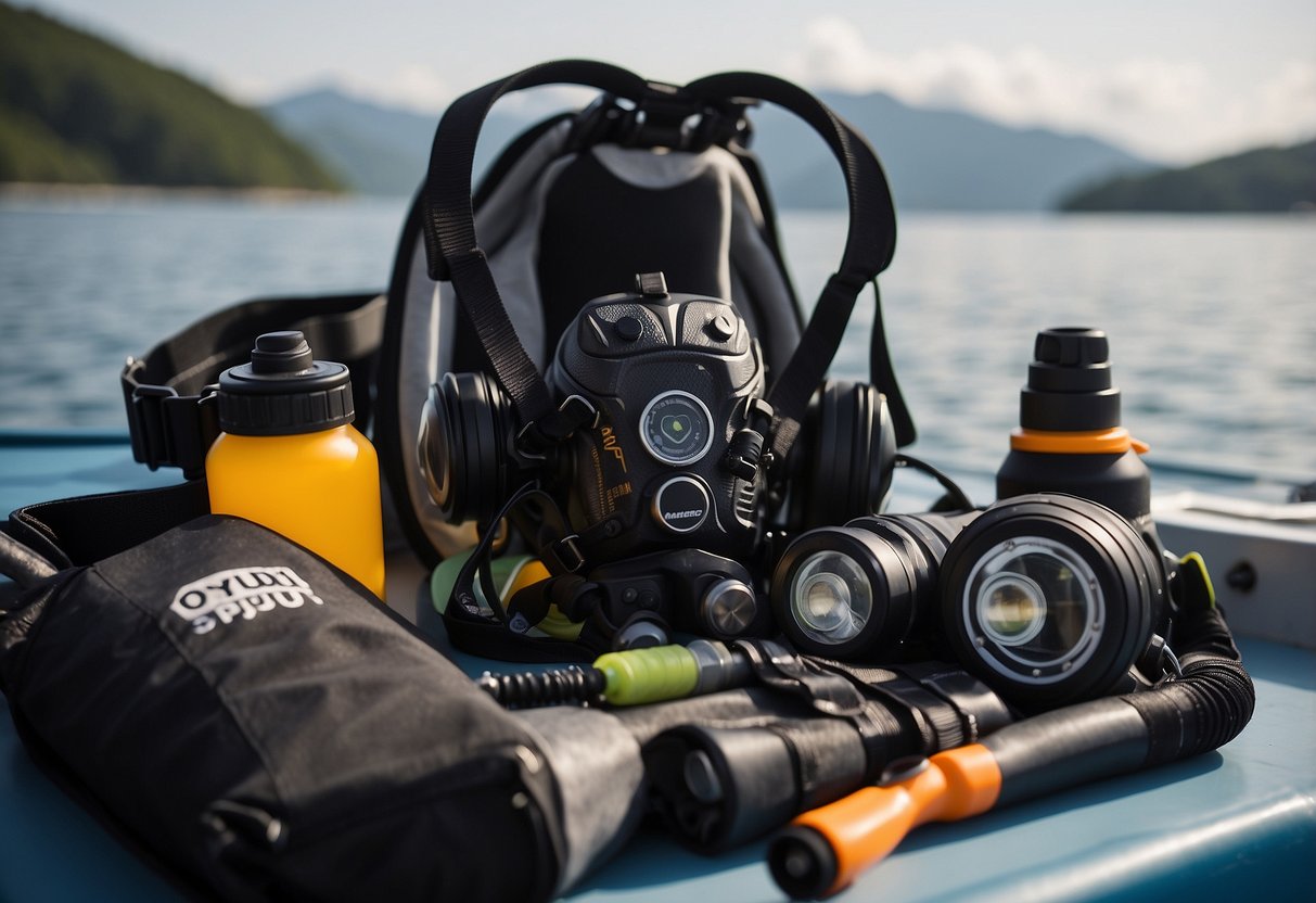 A scuba diver's gear laid out on a boat deck, including the Osprey Duro 1.5 hydration system, alongside other diving equipment