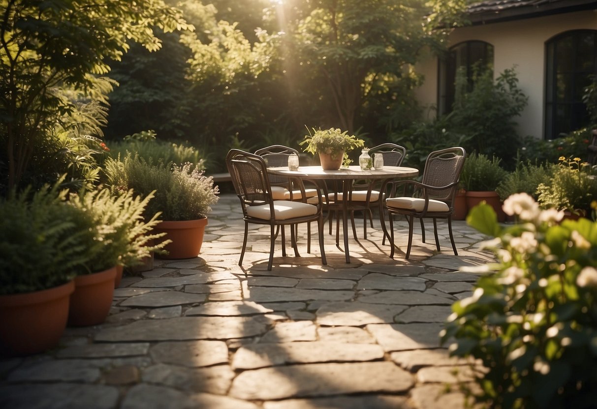A stone outdoor table and chairs sit on a patio, surrounded by lush greenery and bathed in warm sunlight