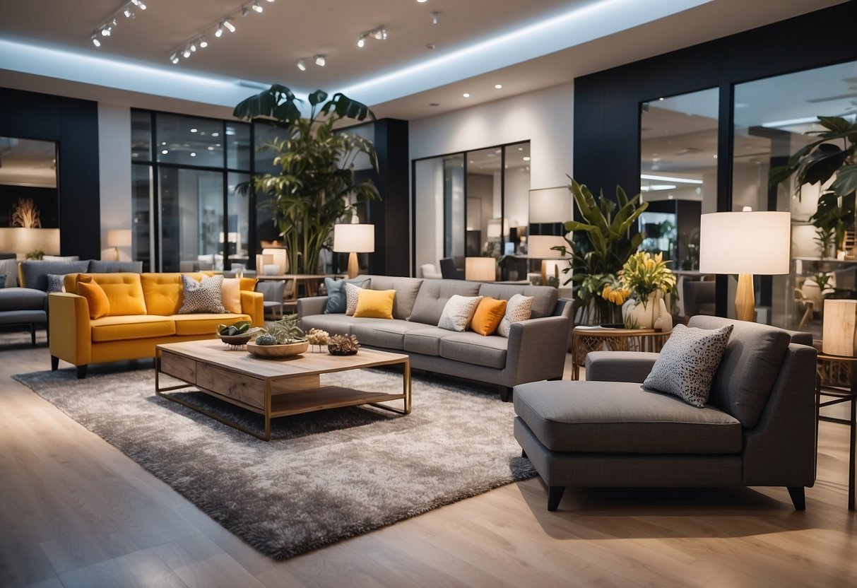 A bright, spacious furniture showroom with modern displays and a wide variety of stylish home furnishings