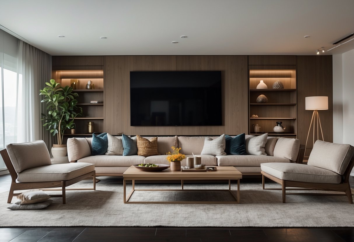 A living room with modern furniture arranged in a symmetrical layout. A neutral color palette with pops of color in the accent pieces. Clean lines and minimal decor create a sleek and inviting space