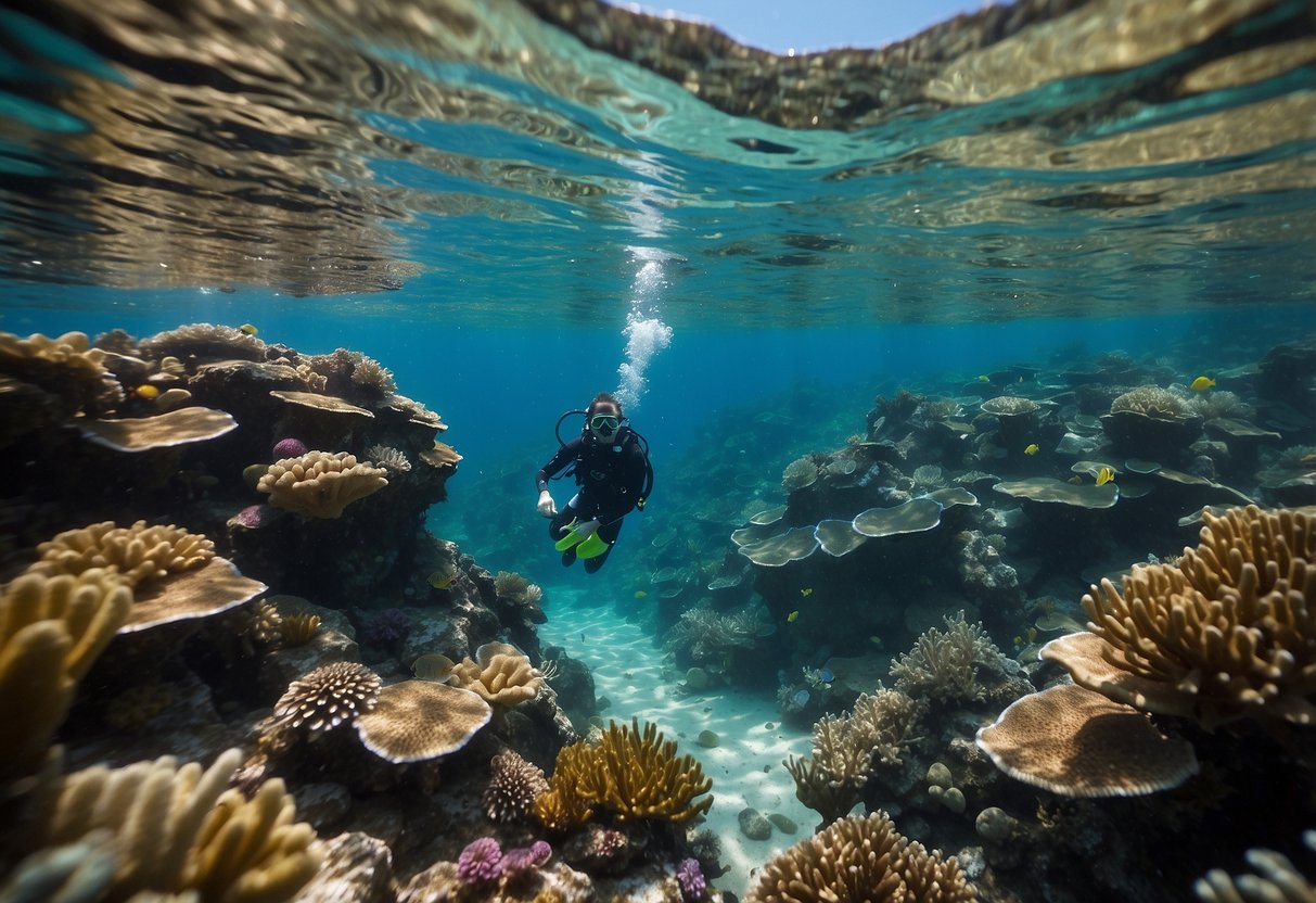 A clear, turquoise ocean stretches out beneath a vibrant coral reef. A diver's hydration system, the Katadyn BeFree, is shown in use, providing clean water for the diver's trip